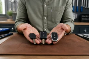 Mains expertes présentant trois types de clés de voiture sur un établi pour apprendre comment faire un double.