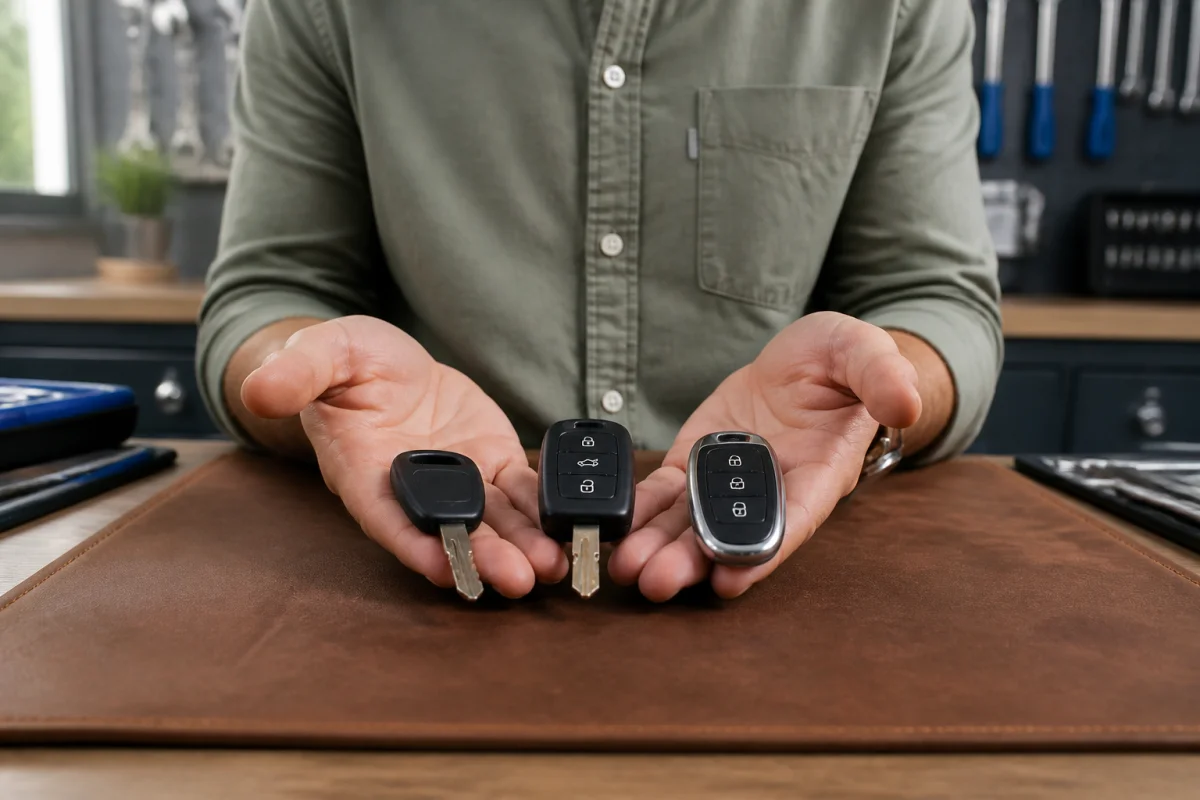 Mains expertes présentant trois types de clés de voiture sur un établi pour apprendre comment faire un double.