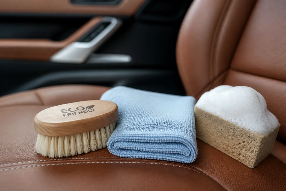 Produits d'entretien écologiques sur un siège en cuir pour apprendre comment nettoyer le cuir de voiture naturellement.
