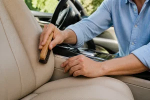 Main experte utilisant une brosse douce pour nettoyer naturellement les coutures d'un siège auto en cuir beige.