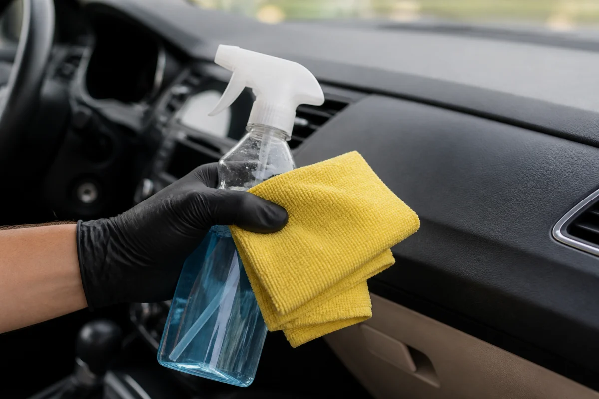 Main gantée utilisant un chiffon en microfibre et un produit nettoyant pour entretenir le tableau de bord plastique.