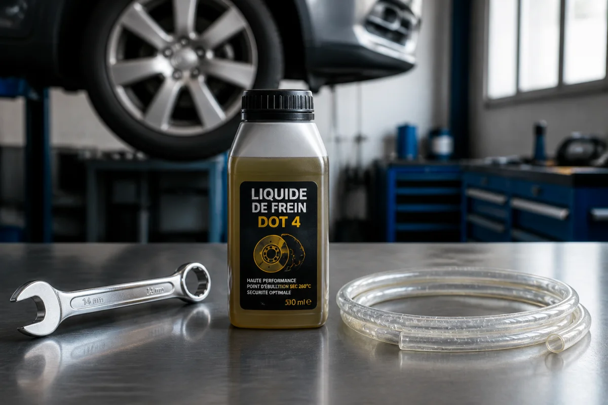 Outils mécaniques, clé et liquide de frein sur un établi pour apprendre comment purger des freins de voiture.