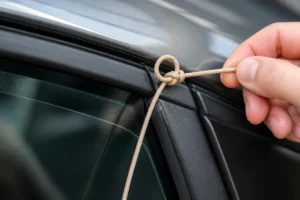 Main tenant une cordelette avec un nœud coulant insérée dans la portière pour expliquer comment ouvrir une voiture centralisée.
