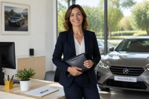 Cliente souriante finalisant l'achat de sa voiture dans un bureau de concession automobile moderne et lumineux.