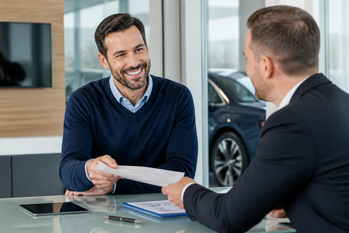 Client et vendeur automobile signant des documents financiers pour valider l'achat d'une voiture chez un concessionnaire.