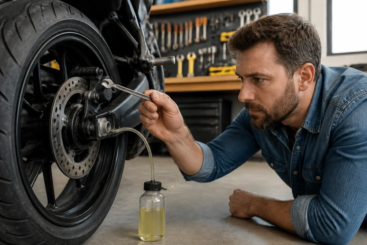 Mécanicien utilisant une clé pour purger le liquide de frein sur la roue arrière d'une voiture.