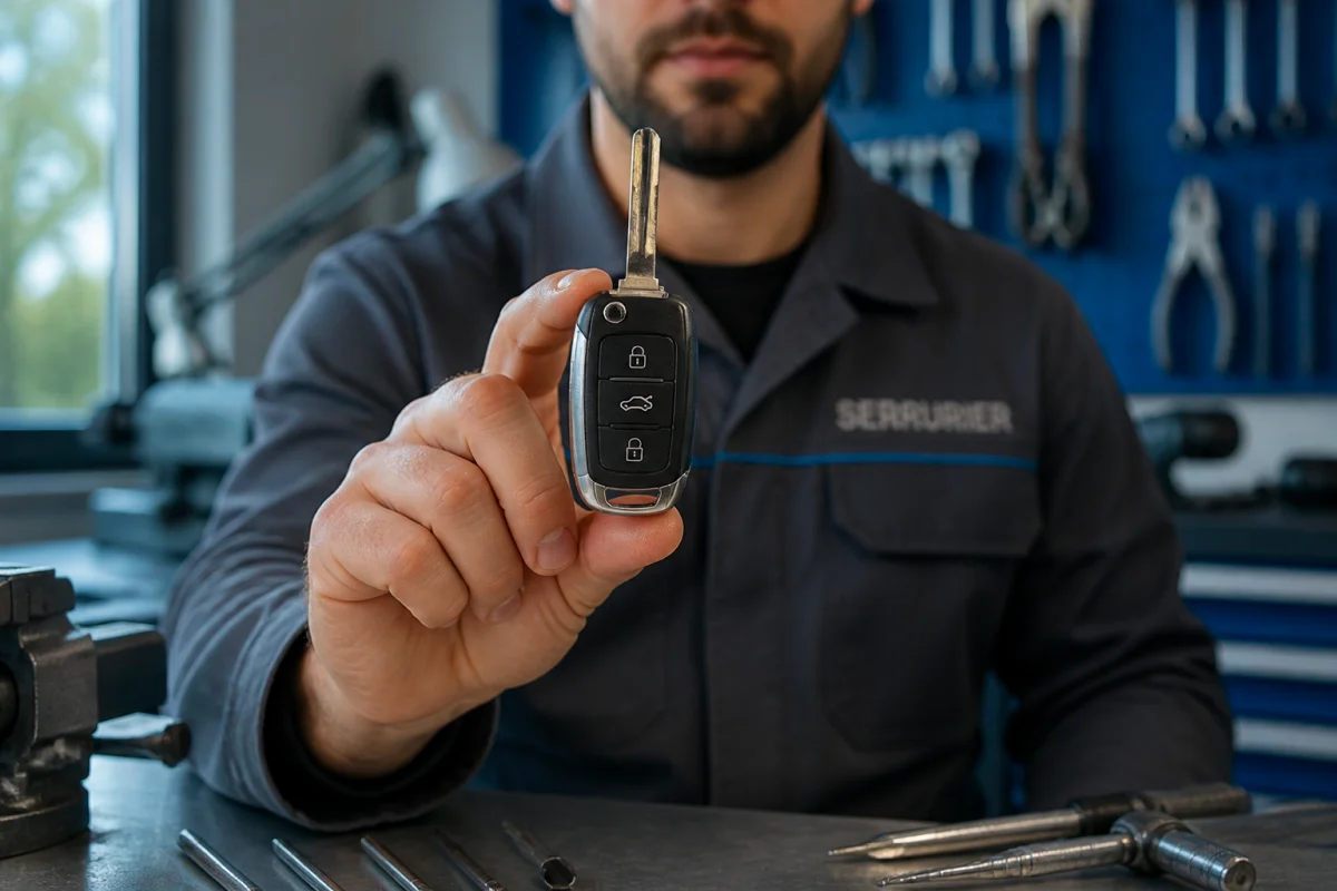 Serrurier professionnel tenant une clé de voiture moderne pour expliquer comment faire un double de clé de voiture.
