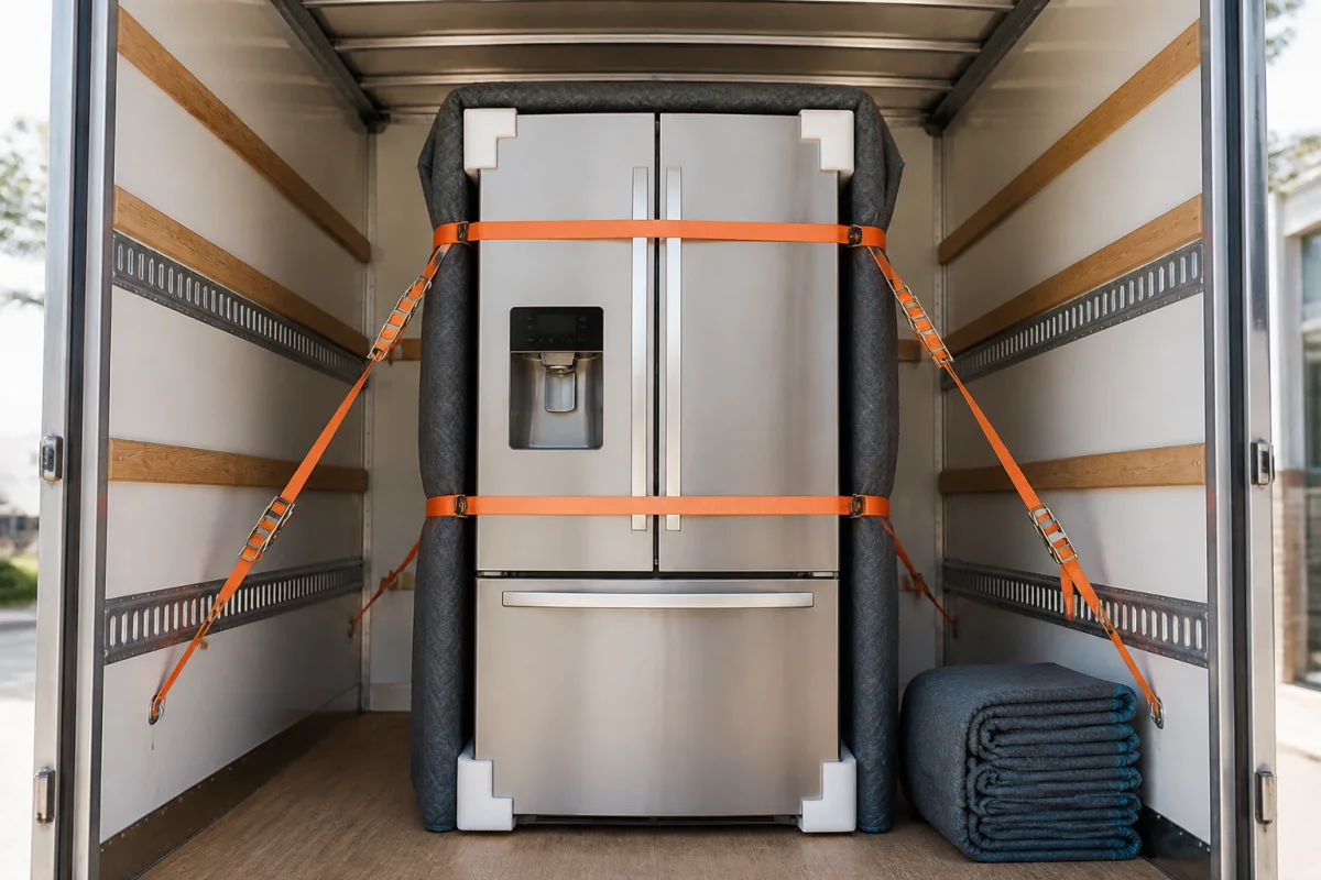 Réfrigérateur moderne sanglé et protégé par des couvertures dans une camionnette pour un transport sécurisé en toute sécurité.
