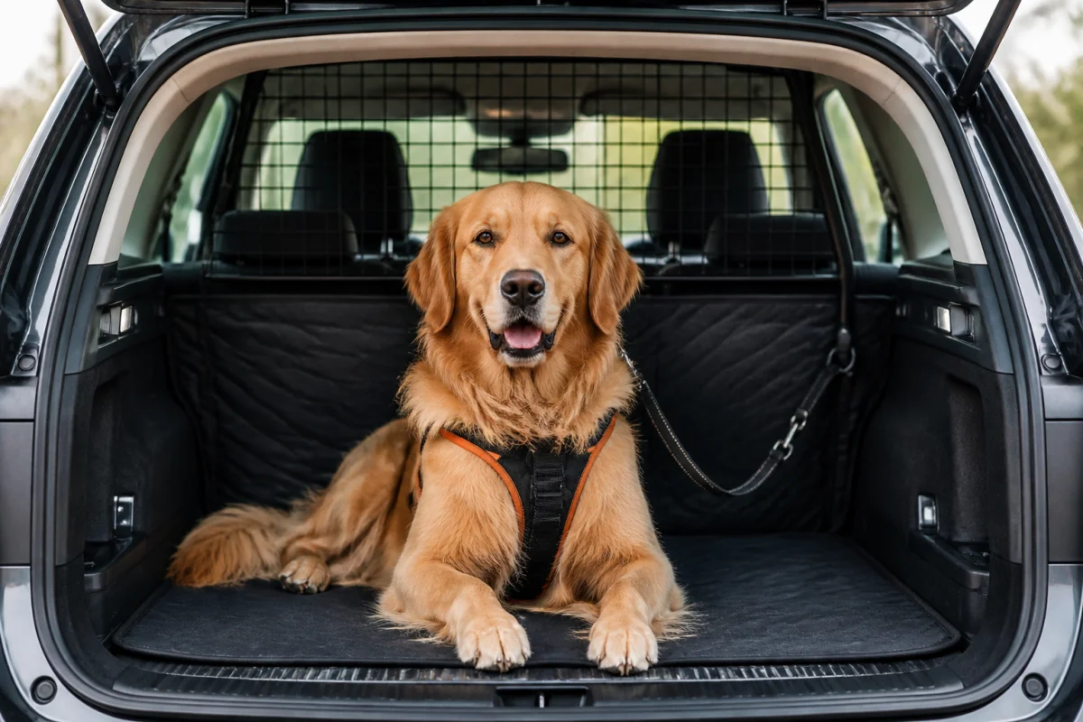 Golden Retriever serein installé confortablement dans le coffre sécurisé d'un SUV pour transporter un gros chien en voiture.
