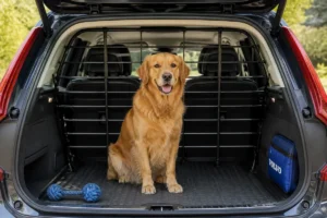 Golden retriever assis en sécurité derrière une grille de protection dans le coffre d'un SUV spacieux.
