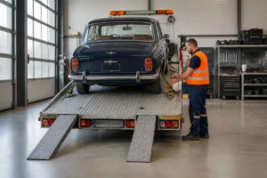 Dépanneur professionnel supervisant le chargement d'une voiture sur un plateau pour savoir comment vendre une voiture pour pièce.