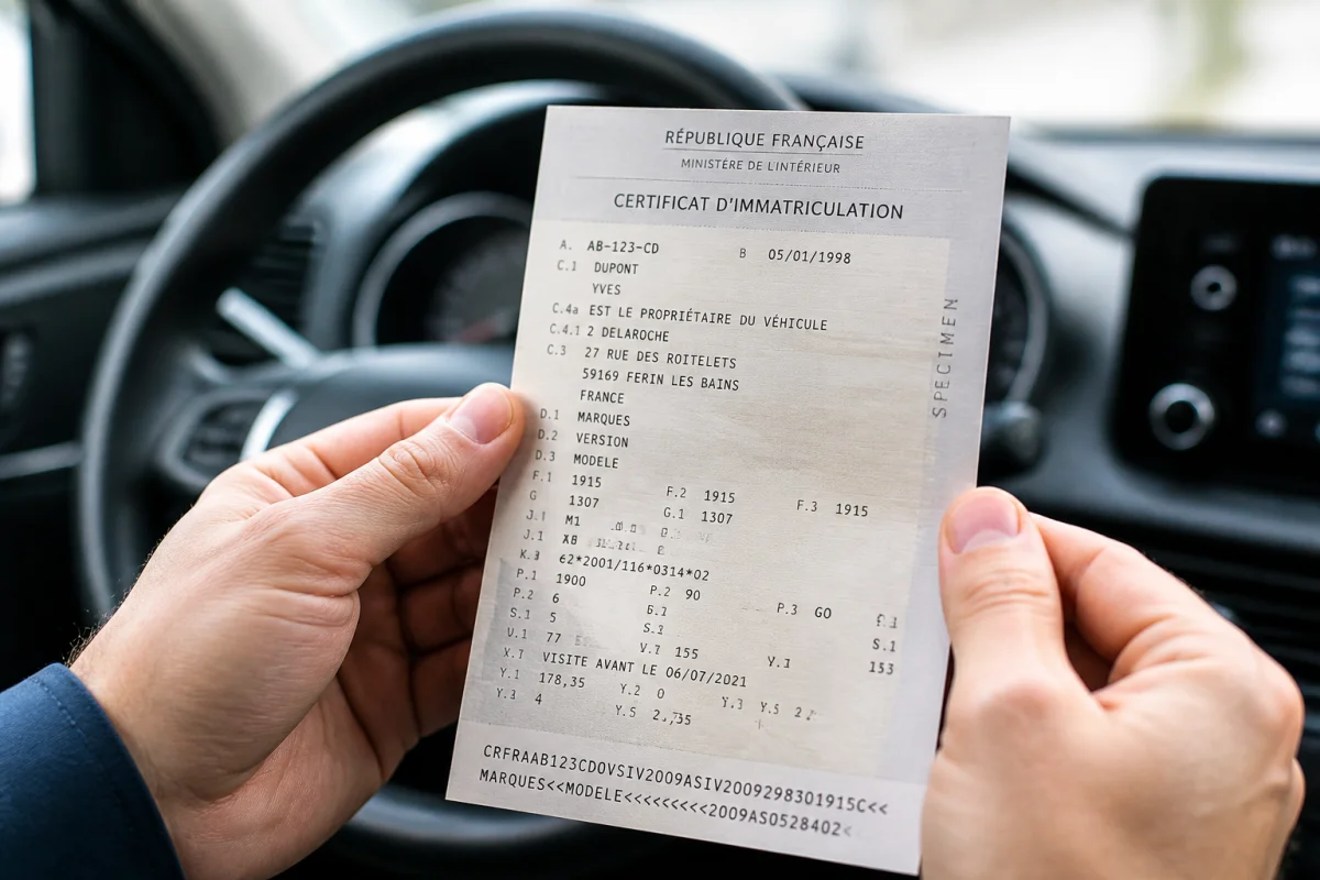 Personne vérifiant une carte grise dans une voiture moderne pour savoir si son véhicule peut rouler à Bruxelles.