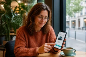 Femme consultant son smartphone dans un café pour vérifier si sa voiture peut rouler à Bruxelles.