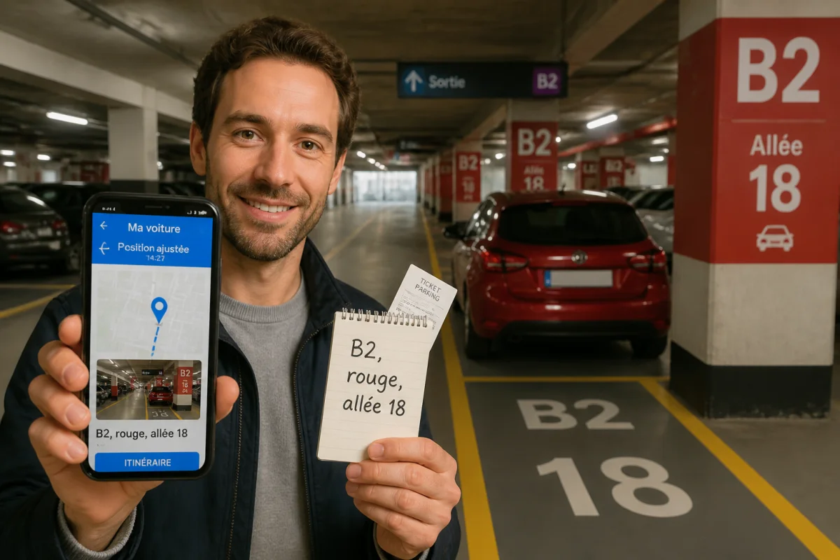 Conducteur localisant une voiture dans un parking souterrain grâce à un smartphone affichant le niveau B2 et l’allée 18