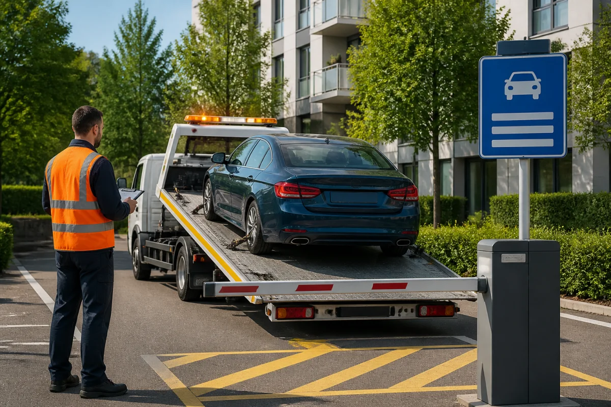 Enlèvement d’une voiture stationnée sans autorisation sur un parking privé par une dépanneuse, sous la supervision du gestionnaire