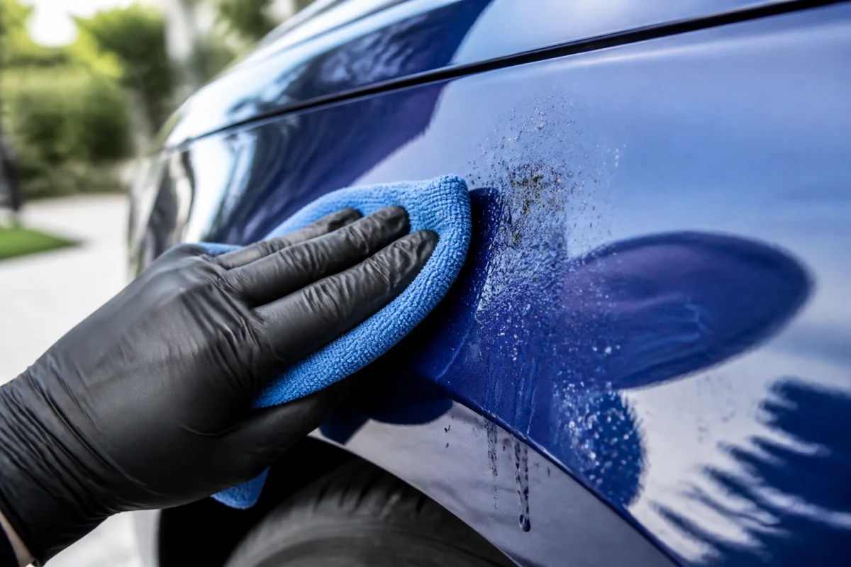 Main gantée utilisant un chiffon microfibre pour nettoyer une tache de goudron sur une carrosserie automobile brillante.