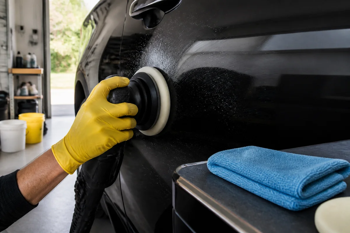Polissage d’une carrosserie noire pour enlever les micro-rayures avec une polisseuse orbitale et une main gantée