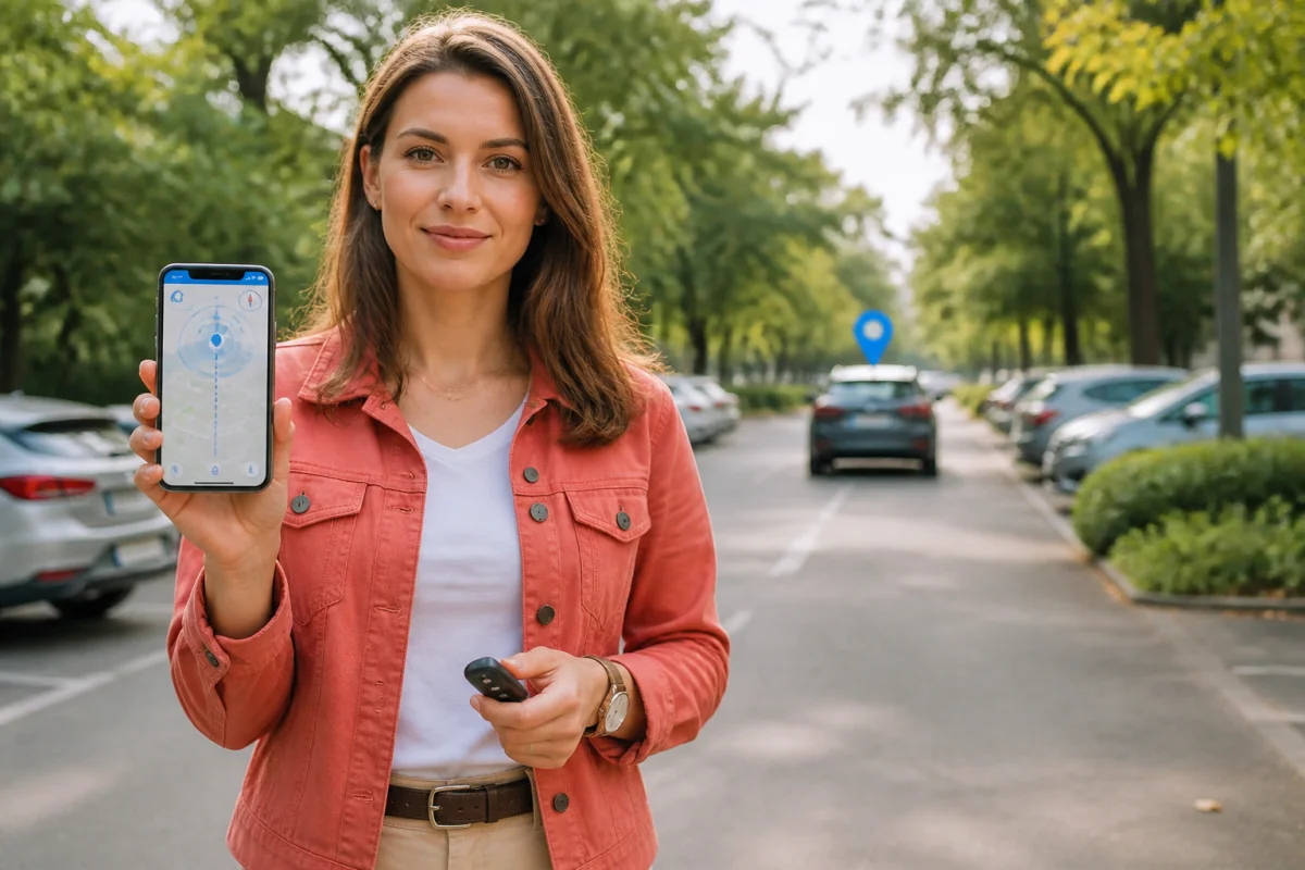 Personne utilisant une application mobile pour localiser une voiture garée sur une carte GPS dans un parking arboré