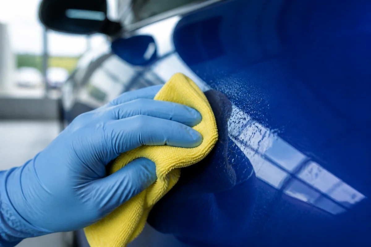 Gros plan d'une main nettoyant délicatement une tache de goudron sur une carrosserie bleue avec un chiffon jaune.