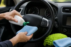 Comment nettoyer un volant de voiture qui colle avec une microfibre et un produit nettoyant doux