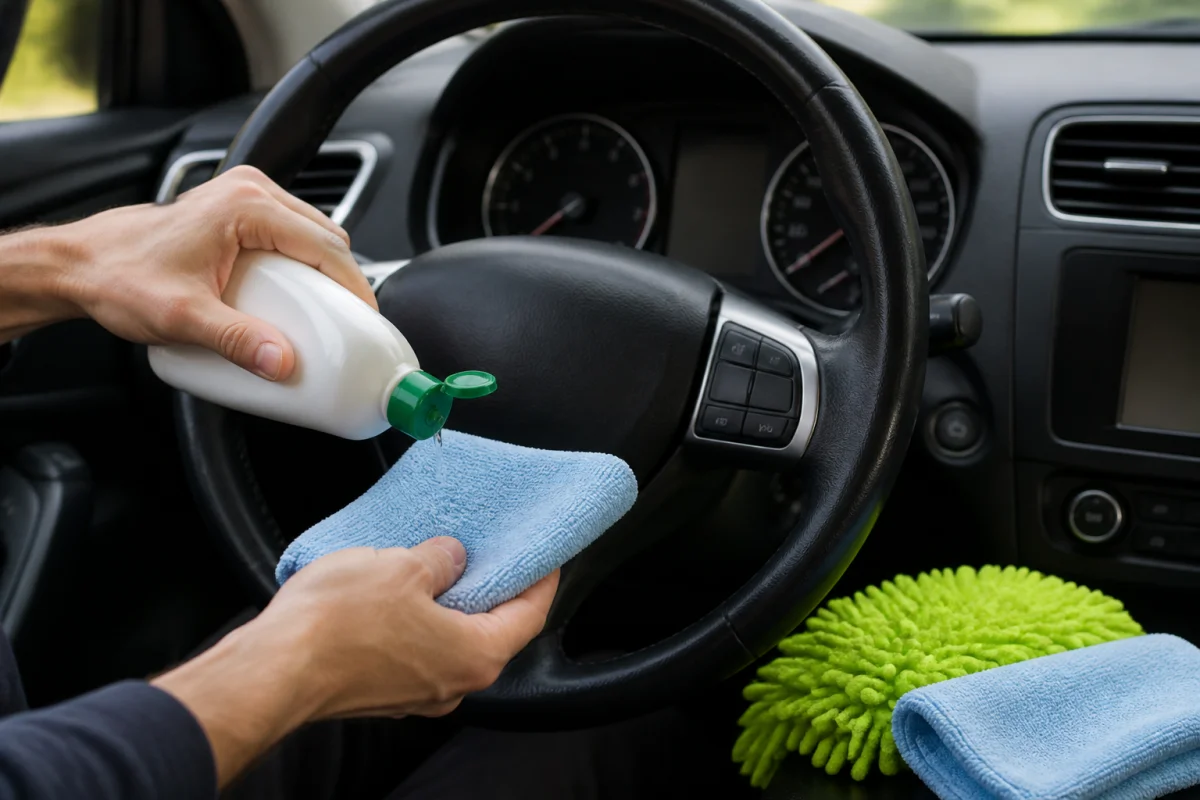 Comment nettoyer un volant de voiture qui colle avec une microfibre et un produit nettoyant doux