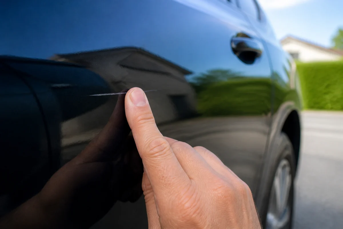 Test de l’ongle sur une micro-rayure d’une carrosserie noire pour évaluer sa profondeur.
