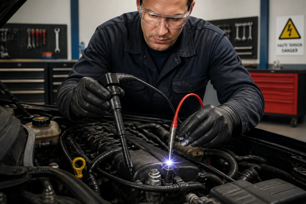 Mécanicien testant une bobine d’allumage automobile avec une bougie de test et une étincelle bleue visible.