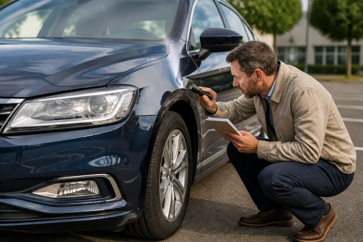 Acheteur inspectant l’alignement, les teintes et les défauts de carrosserie d’une voiture d’occasion avant achat