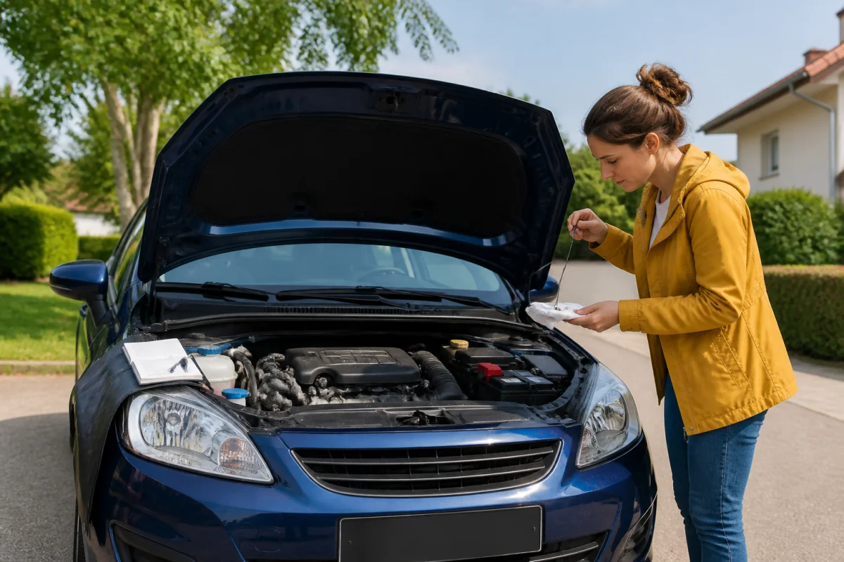 Acheteuse inspectant le moteur froid et la carrosserie d’une voiture d’occasion bleue avant un achat prudent