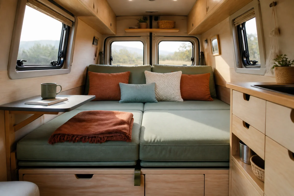 Van aménagé avec banquette convertible en couchage confortable, coussins colorés et rangements intégrés en bois clair