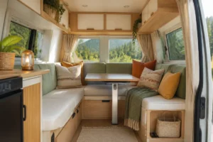 Aménager un van en coin détente avec banquette convertible, coussins moelleux, table pliante et rangements en bois clair