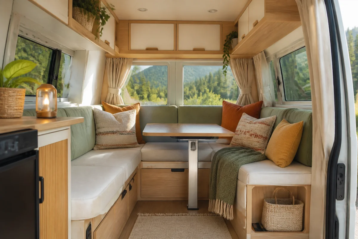 Aménager un van en coin détente avec banquette convertible, coussins moelleux, table pliante et rangements en bois clair