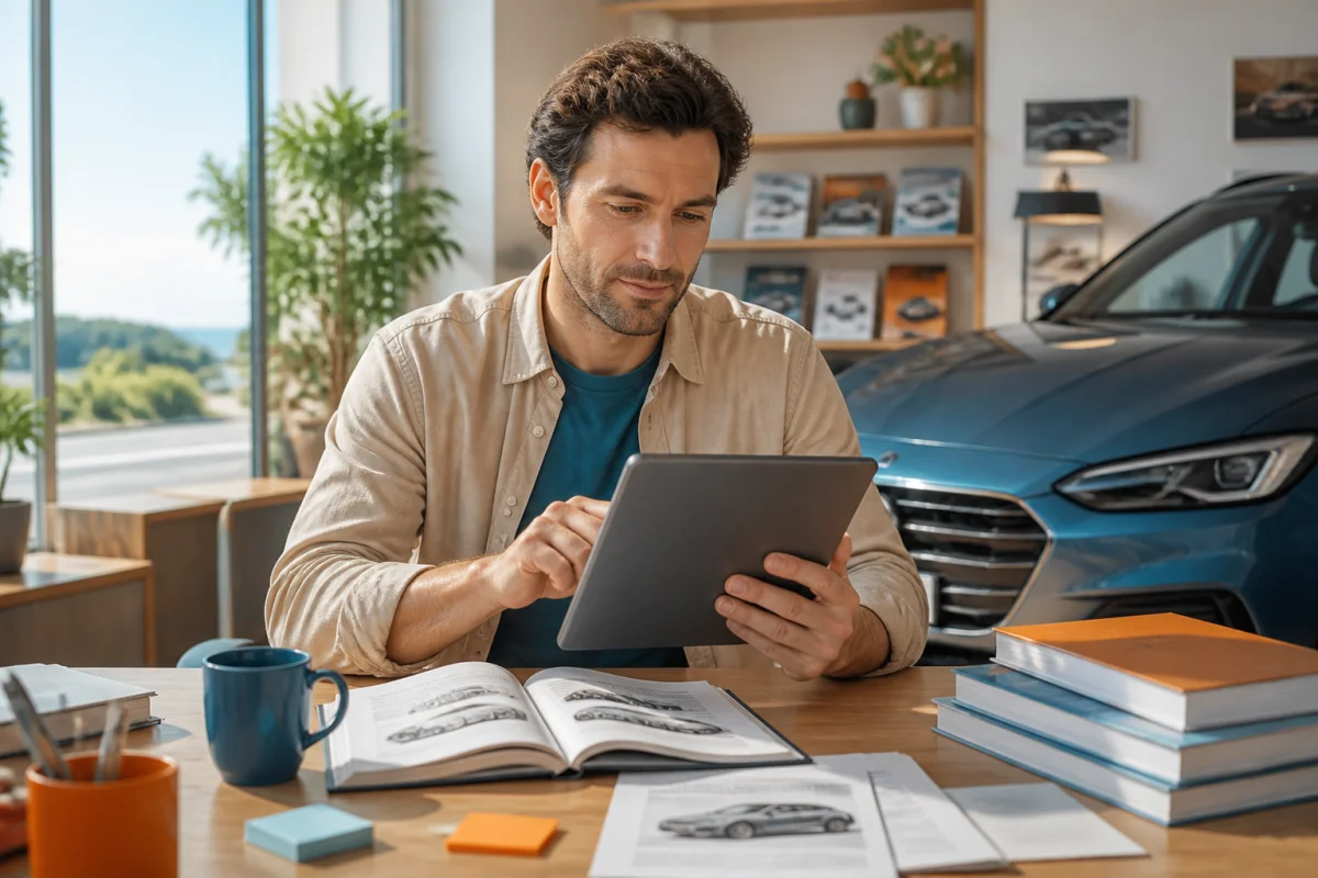 Lecteur consultant un guide automobile sur tablette, avec une voiture contemporaine en arrière-plan, pour découvrir Amg Autos