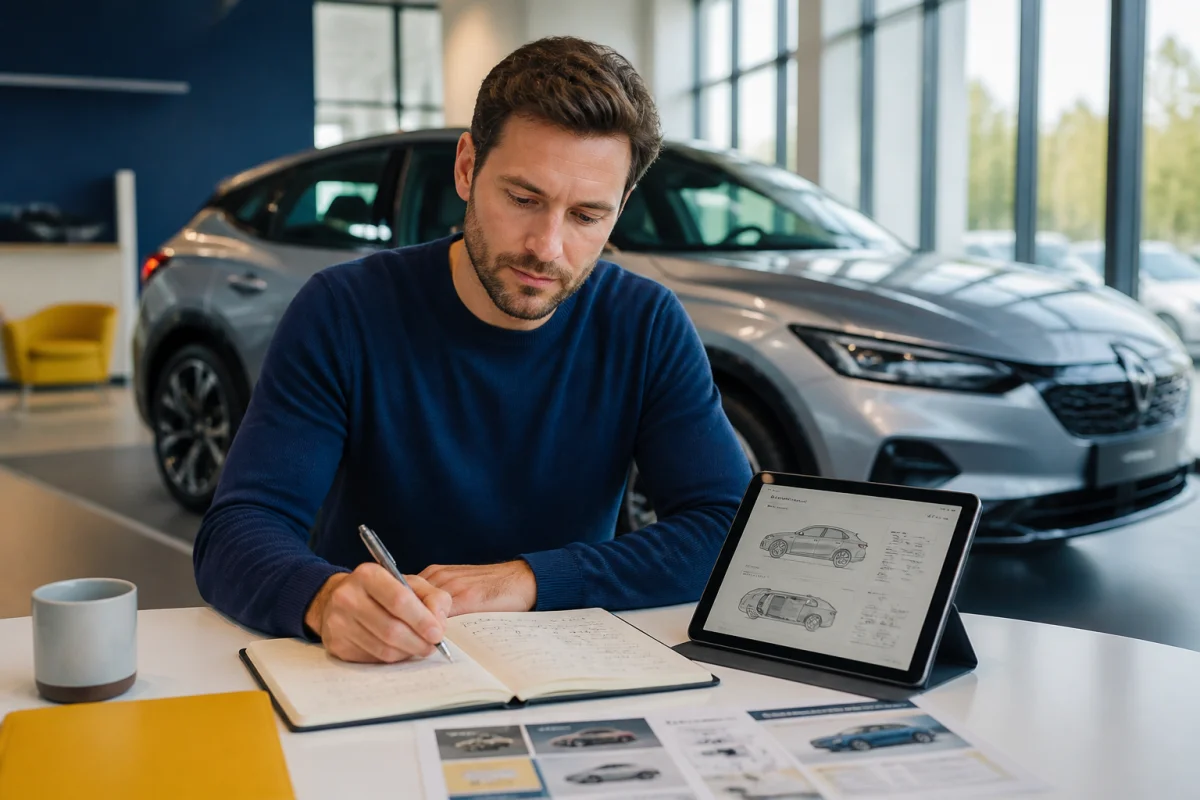 Personne consultant un guide automobile sur tablette et prenant des notes devant une voiture moderne en showroom lumineuse