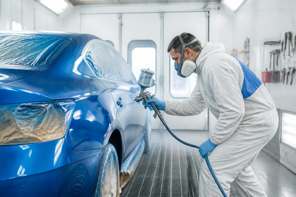 Professionnel d’Atelier Sport Collector appliquant une peinture neuve sur une carrosserie automobile en cabine spécialisée