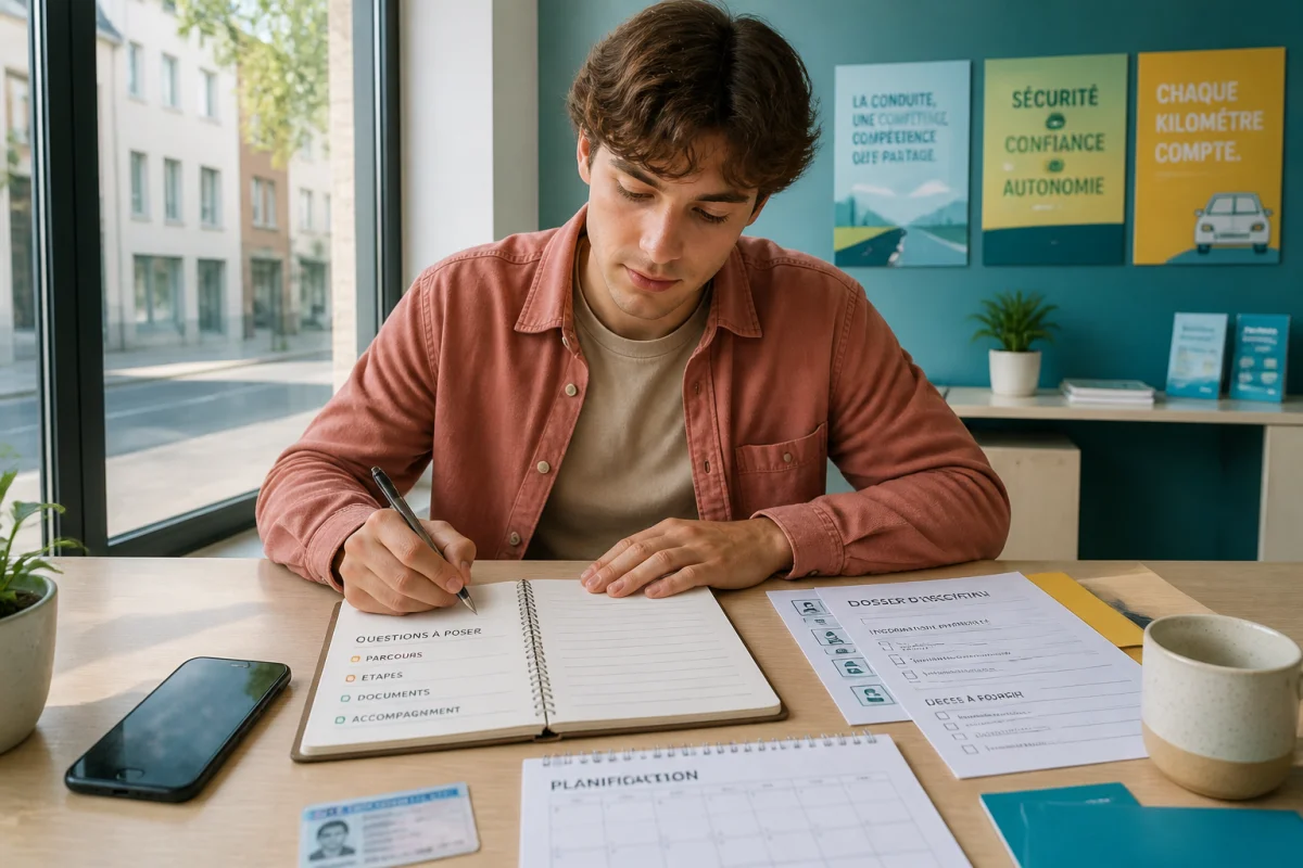 Jeune adulte préparant un échange avec Auto Ecole Angel Conduite, entouré de documents d’inscription et d’un carnet de questions