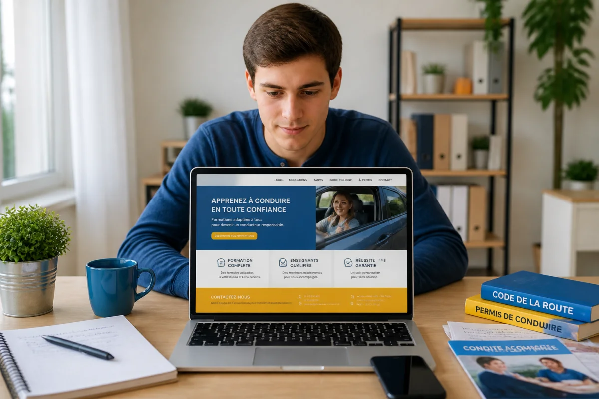 Candidat consultant le site d’Auto Ecole Angel Conduite sur ordinateur, carnet de notes et téléphone à proximité