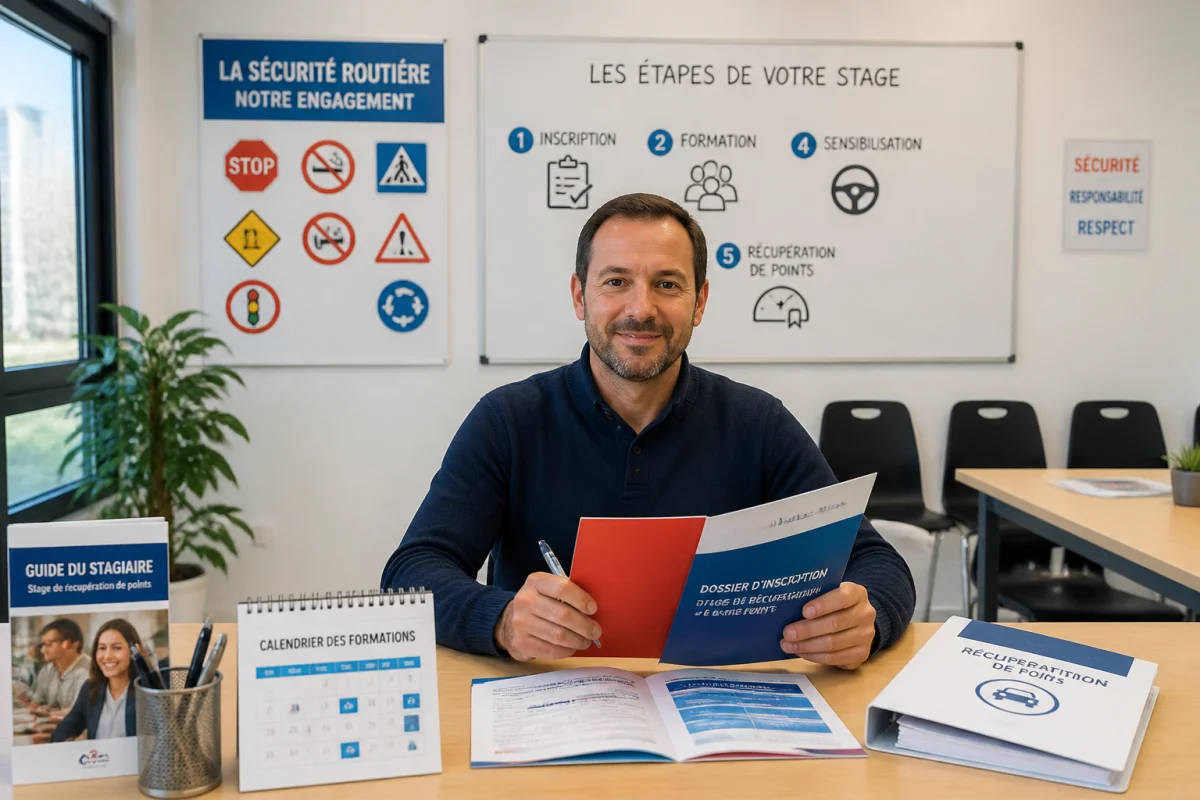 Conducteur préparant une récupération de points à l’Auto Ecole La Rouge Et Noire, documents administratifs en main