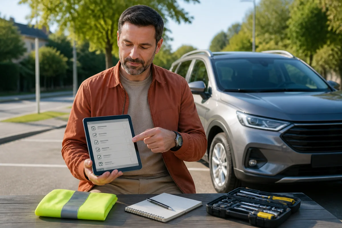 Automobilite Avenir : propriétaire consultant une checklist automobile sur tablette devant une voiture familiale, pour une mobilité mieux organisée.