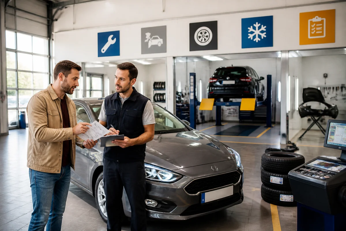 Automobilite Avenir : automobiliste échangeant avec un conseiller dans un garage polyvalent moderne et accueillant