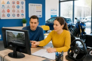Candidat accompagné par une monitrice consultant un écran d’entraînement au code de la route accéléré en auto-école