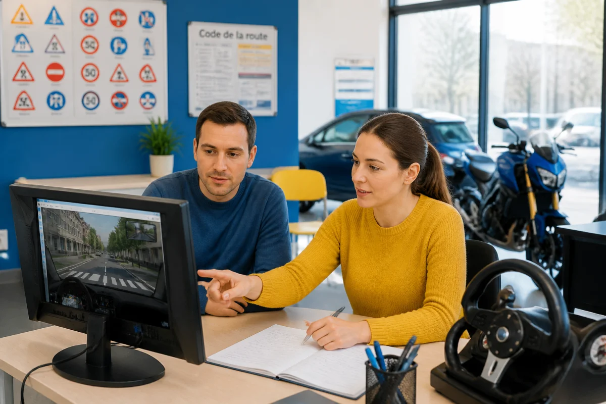 Candidat accompagné par une monitrice consultant un écran d’entraînement au code de la route accéléré en auto-école