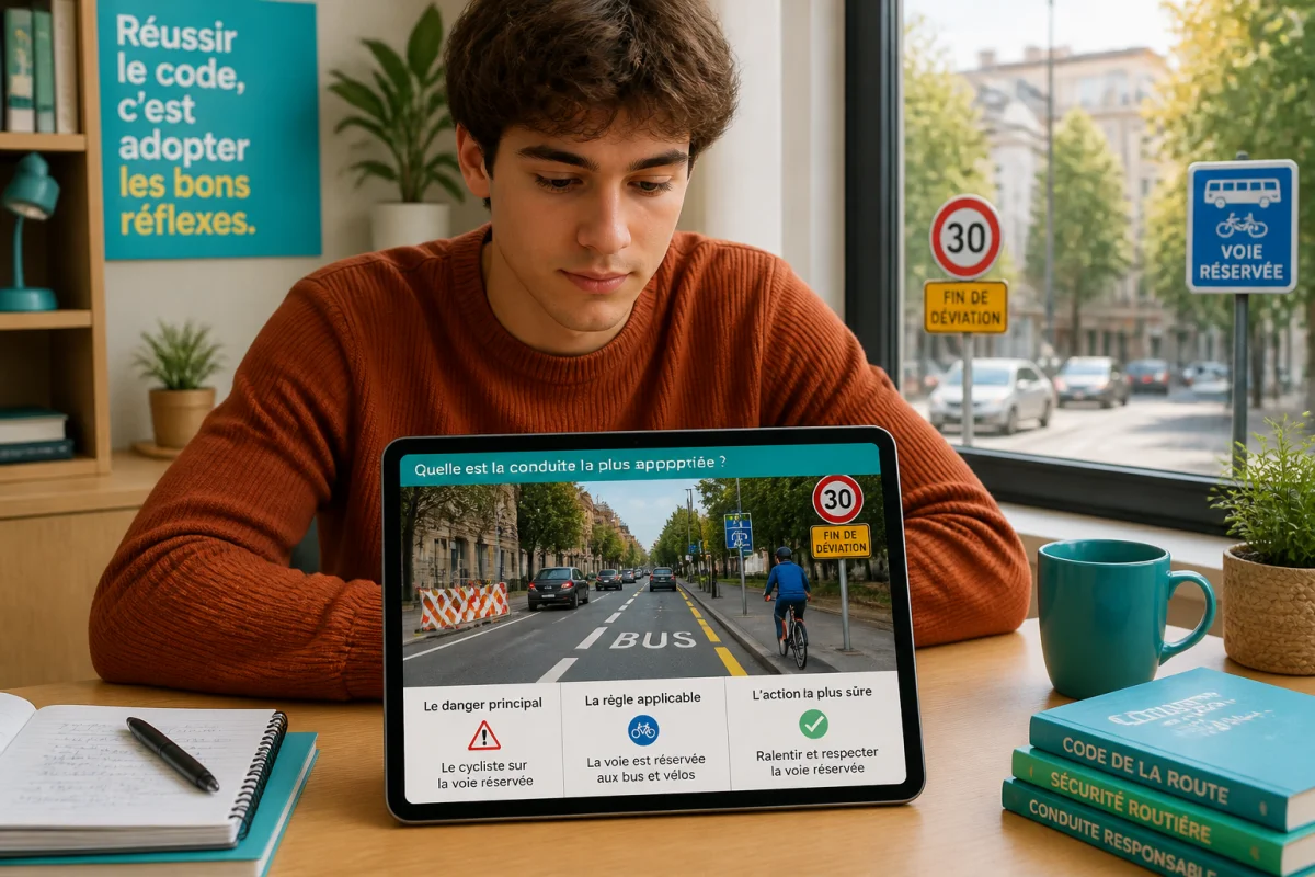 Apprenant concentré sur une tablette pour réussir son code de la route accéléré, avec scène urbaine et panneaux signalétiques visibles