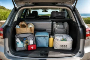 Coffre de voiture organisé pour préparer sa voiture pour l’été, avec bagages sécurisés, essentiels accessibles et siège enfant fixé