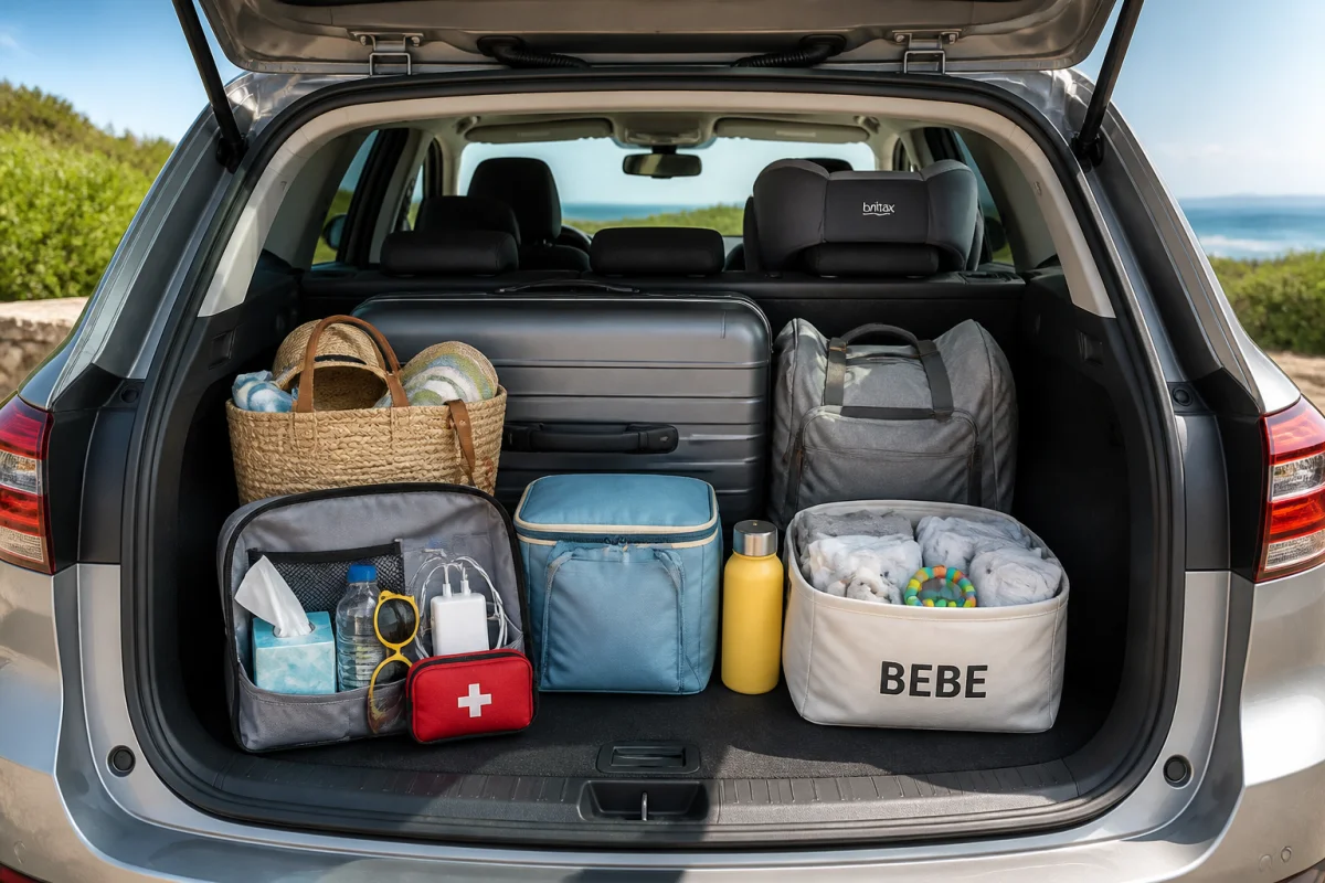 Coffre de voiture organisé pour préparer sa voiture pour l’été, avec bagages sécurisés, essentiels accessibles et siège enfant fixé