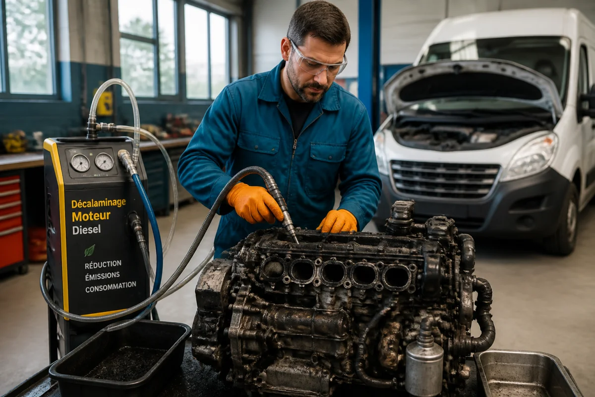 Mécanicien réalisant le décalaminage d’un moteur diesel ouvert avec un équipement connecté au circuit d’admission.