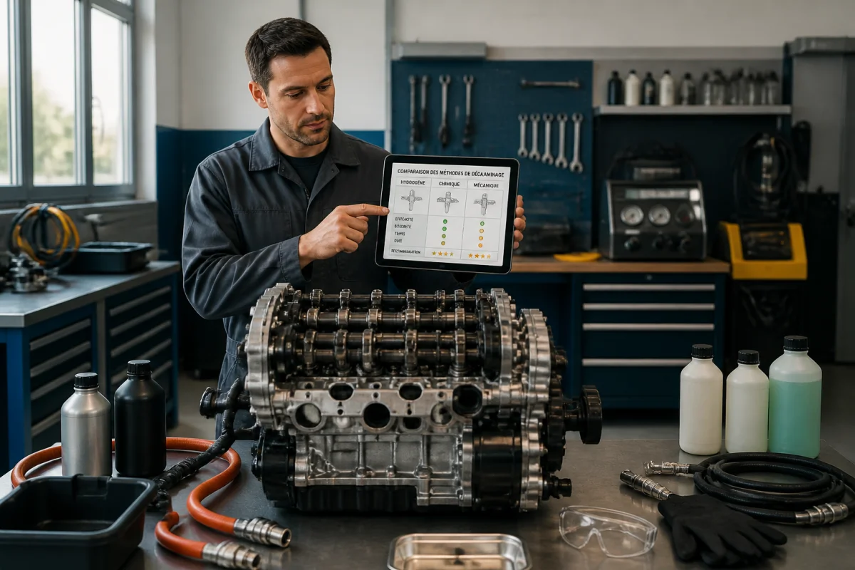 Moteur diesel propre ouvert, technicien comparant les méthodes de décalaminage sur tablette dans un atelier automobile moderne