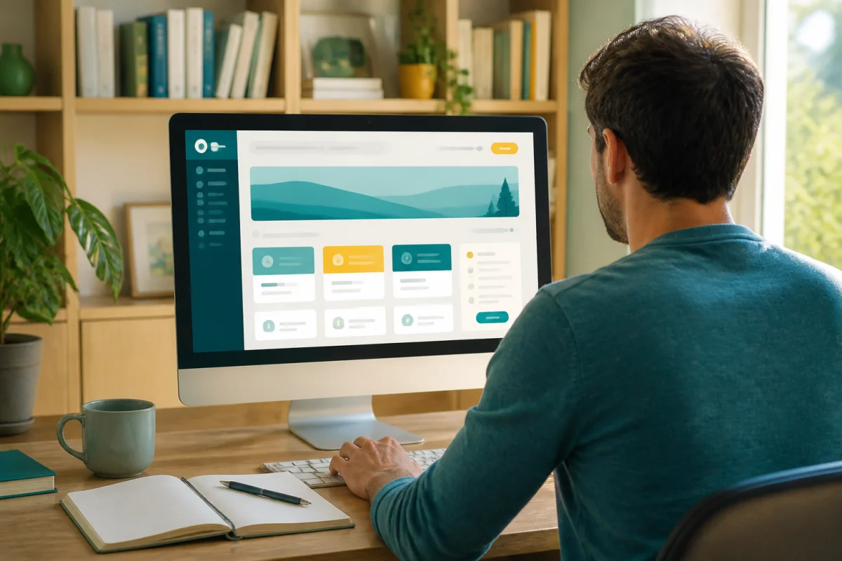 Personne consultant Mcc22 sur ordinateur, explorant une plateforme en ligne structurée dans un bureau lumineux et serein.