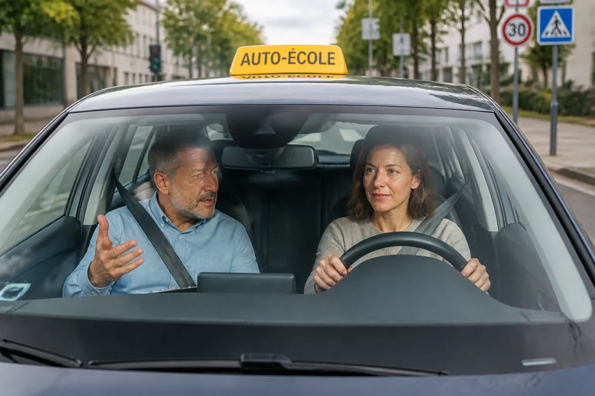 Ecole De Conduite Antoine accompagne un adulte en remise à niveau avec un moniteur attentif au volant