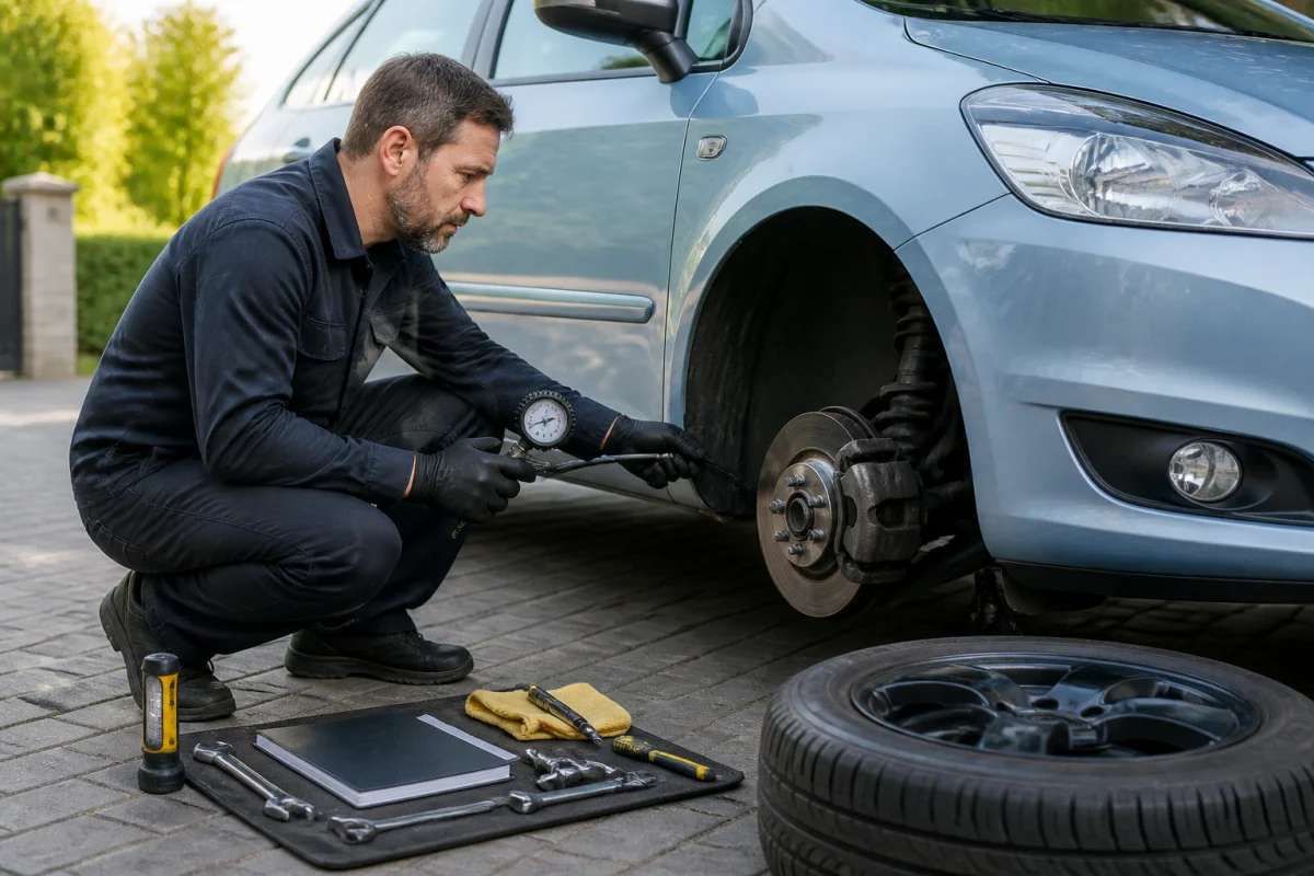 Entretenir une voiture d'occasion : vérification du pneu et du système de freinage avec un manomètre